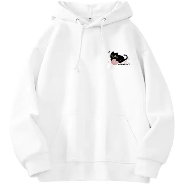 棉致 潮流时尚毛线猫咪涂鸦创意百搭学院风日常通勤落肩宽松柔软舒适套头连帽卫衣 女款