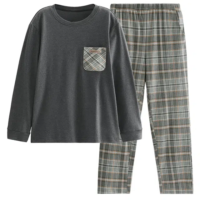 潞优野 高级感男春秋季纯棉长袖青年运动格子休闲抗静电家居服睡衣套装 男款