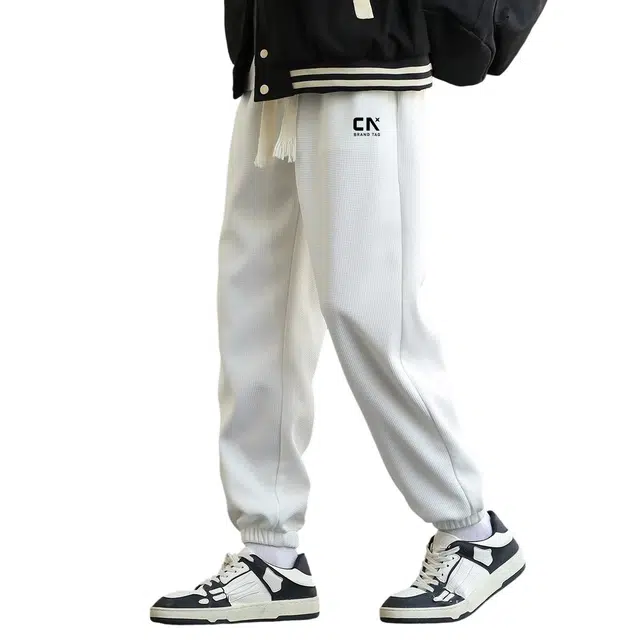 中国航天 美式高街重磅卫裤潮牌华夫格工艺质感织带抽绳长裤子宽松百搭基础款加绒加厚束脚跑步潮流针织运动裤休闲裤 男女同款