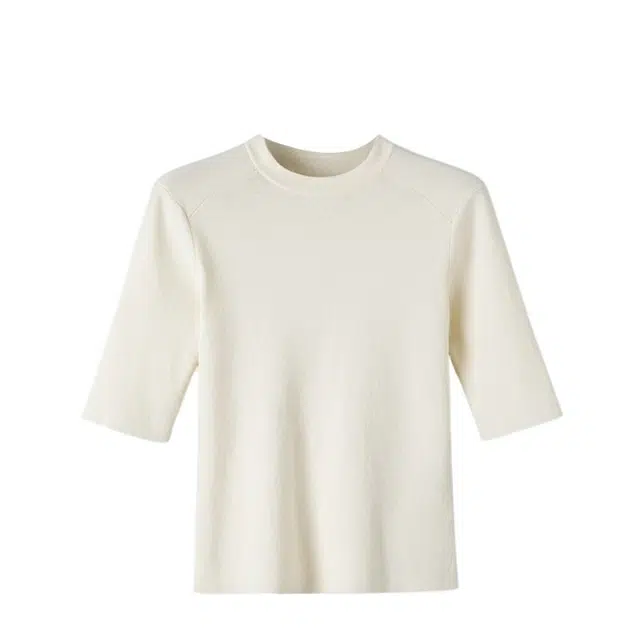 晚白 时尚亲肤棉气质上衣百搭纯色减龄中袖打底衫  女款