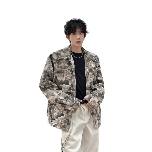 加荣 美式潮牌翻领夹克秋季男款高街痞帅百搭男装长袖衬衫男撞色扎染衬衣青少年设计高级感宽松外套 男女同款