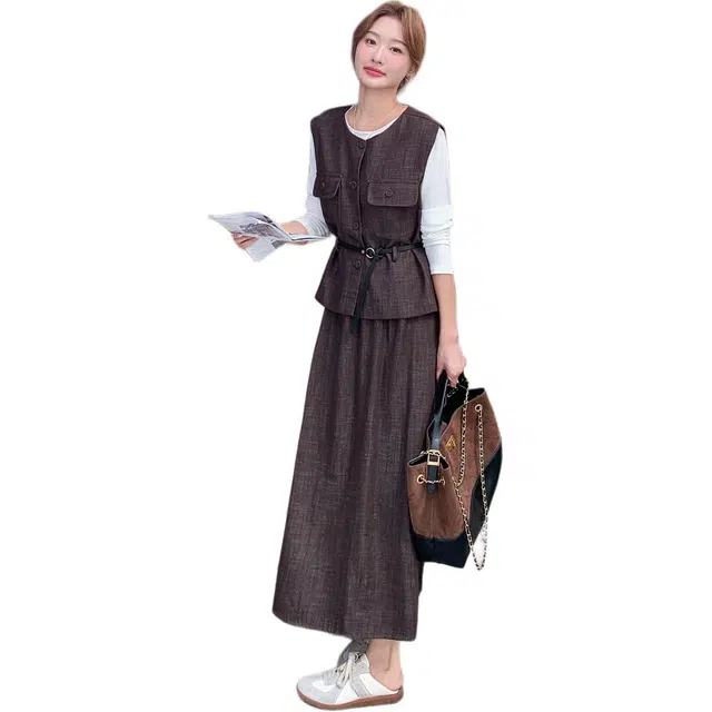 稻草人 轻熟风马甲腰带收腰打底衫半身裙三件套穿搭裙装套装 女款