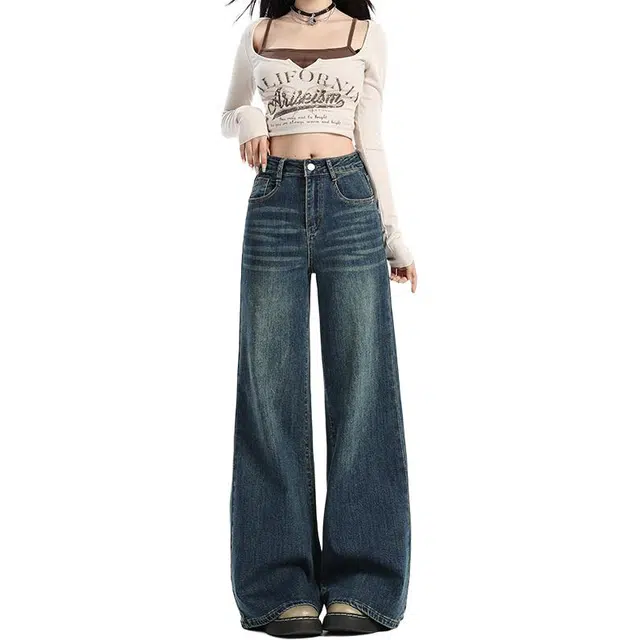 如续 复古直筒女秋季高腰弹力宽松显瘦拖地阔腿裤牛仔裤 女款