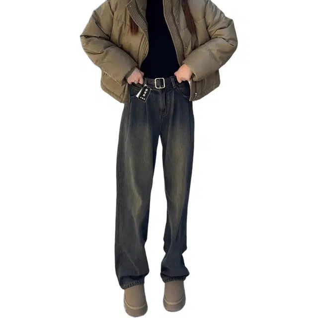 徐百货 水洗复古阔腿裤春夏季潮牌宽松高个子加长直筒裤子美式秋冬加绒微喇裤牛仔裤 男女同款