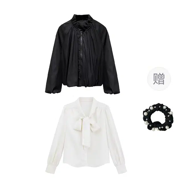 雾闪闪 灯笼袖宽松短外套木耳边立领上衣纯色内搭休闲套装 女款