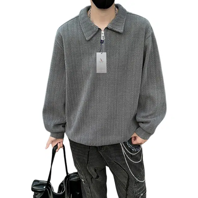 袋鼠 重磅高街舒适套头日常落肩时尚潮流基础款黑墙麦穗纹本拉链翻领潮牌大码宽松上衣卫衣 男女同款