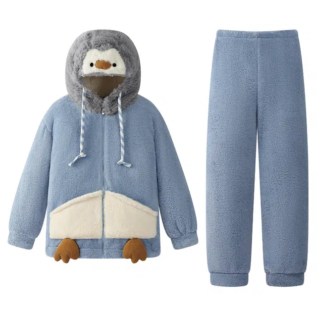 宫蝶 小企鹅保暖珊瑚绒加厚卡通家居服休闲连帽可外穿冬季睡衣套装 女款