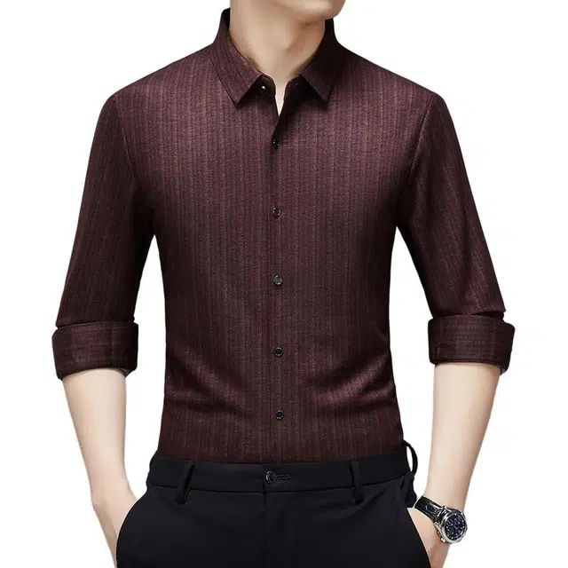 卡丹狄诺 含绵羊毛桑蚕丝舒适纯色垂顺爸爸装条纹衬衣轻商务休闲秋冬季长袖衬衫 男款