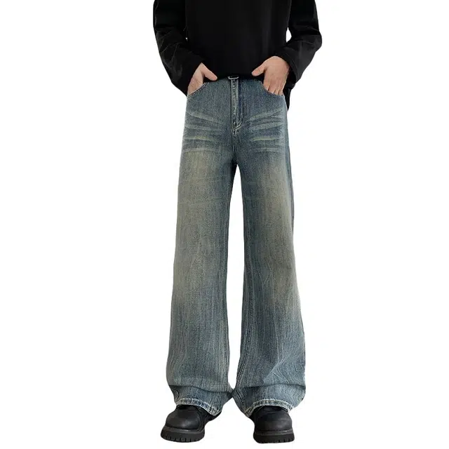 宝米卡 美式高街猫须竹节纹做旧宽松潮牌直筒阔腿裤牛仔裤 男女同款