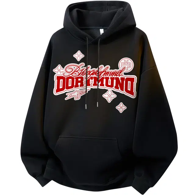 普鲁士多特蒙德 美式街头复古经典拼接撞色立体拼接标语印花品牌日常百搭休闲运动时尚重磅纯色高级感落肩连抽绳无性别主义套头长袖卫衣 男女同款