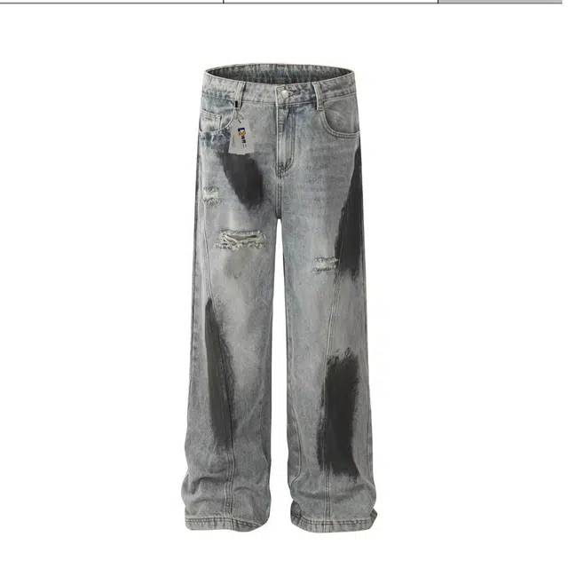 地界二 复古休闲潮做旧涂鸦伞兵直筒阔腿百搭男长裤牛仔裤 男款