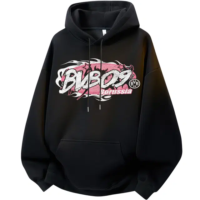 普鲁士多特蒙德 美式经典个性复古火焰做旧图案印花品牌日常百搭休闲运动时尚重磅纯色高级感落肩连抽绳无性别主义套头长袖卫衣 男女同款