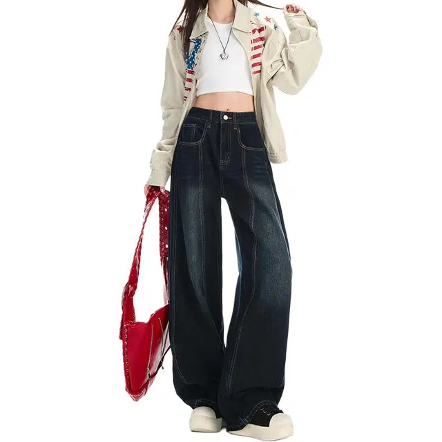 如续 美式弯刀女秋季高腰宽松显瘦直筒阔腿裤子牛仔裤 女款