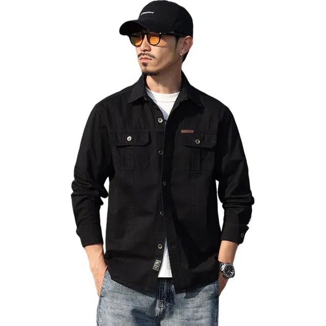 么宁 美式纯棉工装衬衣长袖翻领休闲外套舒适透气宽松上衣个性时尚衬衫 男女同款