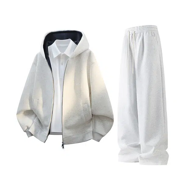 素杭 美式复古撞色连帽重磅开衫外搭外套抽绳松紧腰直筒阔腿裤两件套情侣穿搭一整套休闲运动套装 男女同款