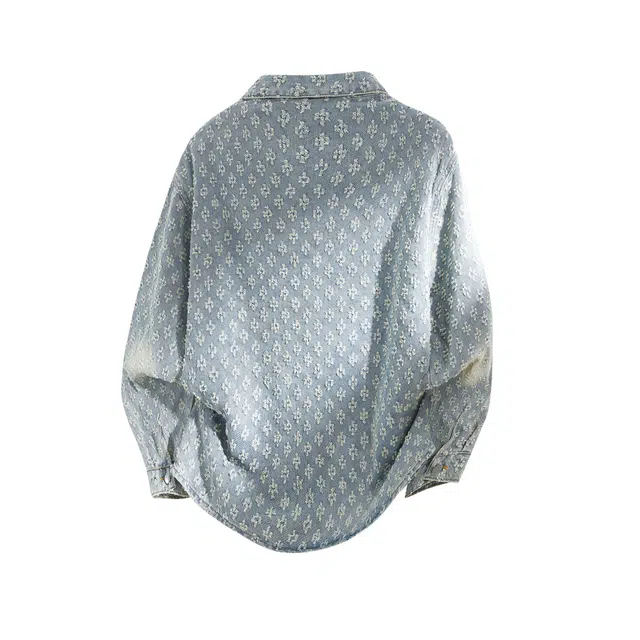 棉基因 美式高街复古水洗做旧裁片提花宽松休闲百搭痞帅潮流日常通勤单排扣翻领落肩无性别主义牛仔外套 男女同款