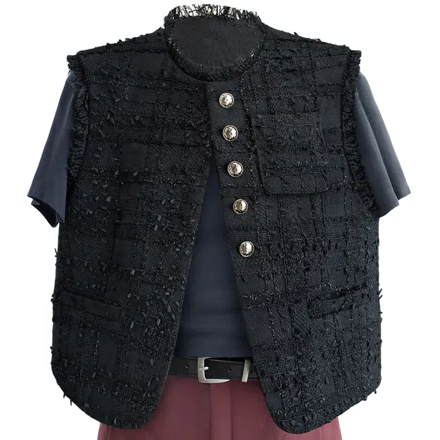 丝柏舍 单排扣毛边圆领宽松款气质小香风简约纯色短款马甲 女款