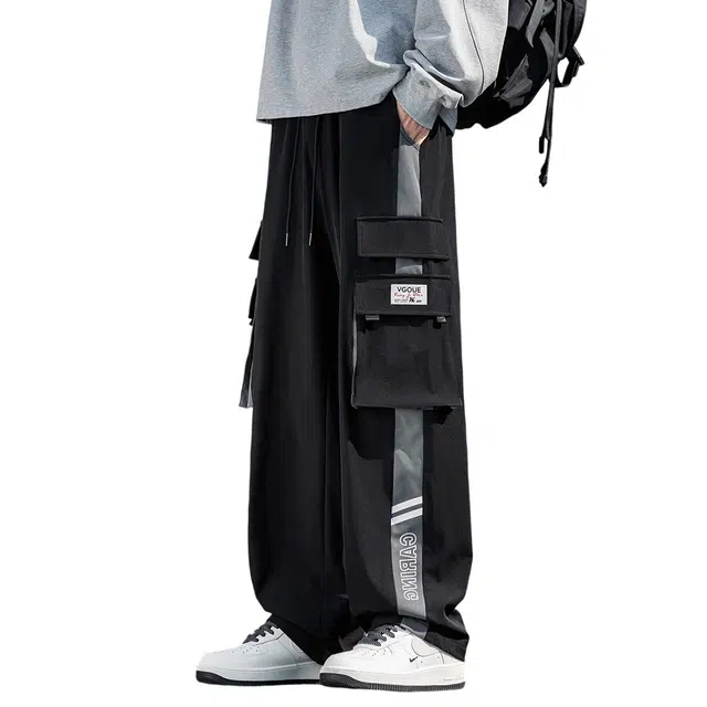 顶峰保罗 美式阔腿拖地垂感机能工装伞兵裤无性别主义宽松加肥加大直筒潮牌登山运动长裤简约百搭弹力抽绳显高显瘦高街休闲裤 男女同款