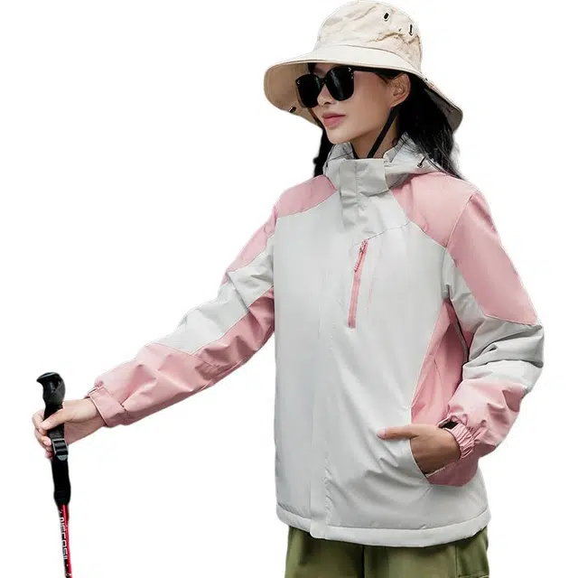 左岸 时尚拼色防风防水连帽可拆卸运动休闲徒步工装登山服简约户外机能恒温蓄热宽松舒适轻便百搭耐用石墨烯保暖加厚夹克外套棉服 女款