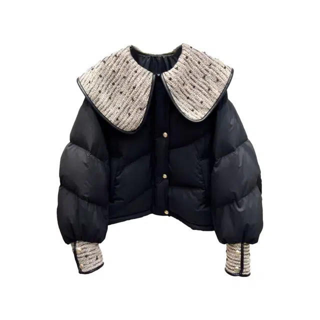 敲模女孩 粉色慵懒风刺绣大翻领镶钻时尚百搭宽松保暖棉服 女款