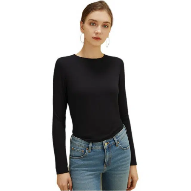 莫代尔 女士膨体发热圆领打底衫上衣修身纯色内搭长袖通勤风针织衫 女款