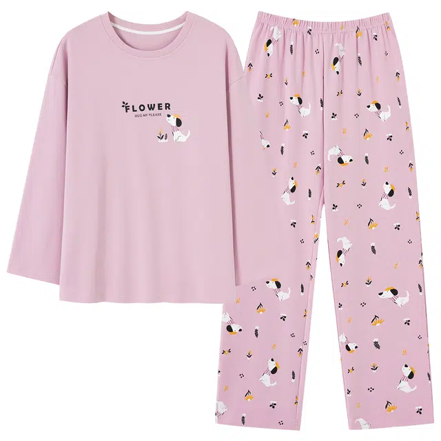 俏霓桐 可爱卡通纯棉亲肤甜美圆领简约百搭舒适休闲长袖长裤家居服可外穿睡衣套装 女款