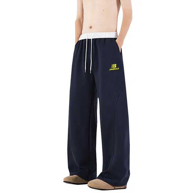 【进口胶印】金贝勒 美式复古高街拼接解构马吉拉弯刀长裤潮牌痞帅阔腿显高显瘦弹力针织垂感百搭直筒运动宽松休闲裤 男女同款