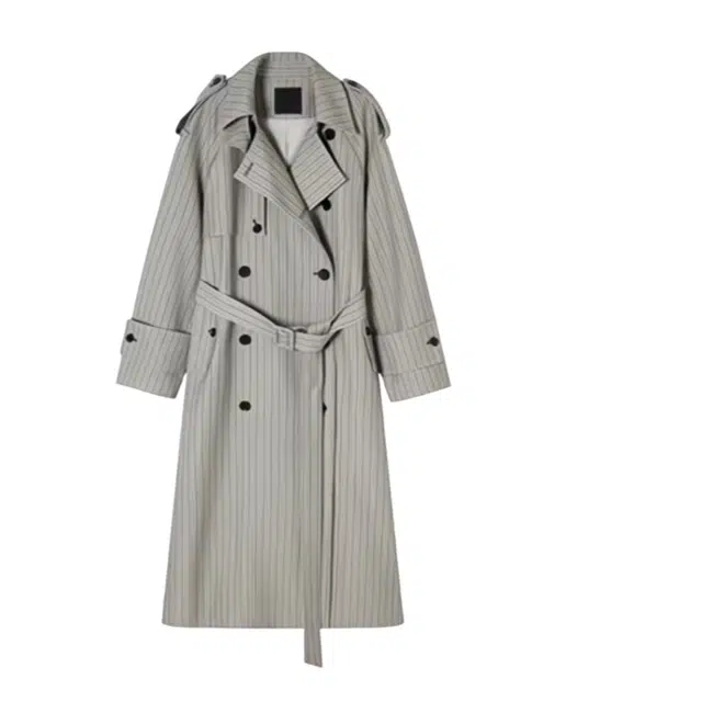 望莱仕 高级感条纹外套春秋宽松系带韩版中长款慵懒风大衣 女款