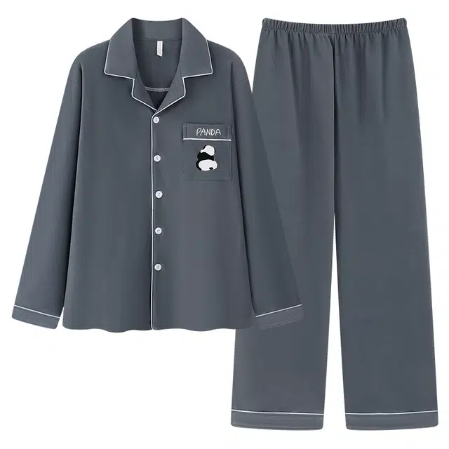 俏霓桐 秋冬季可爱卡通简约翻领开衫德绒保暖蓄温双口袋高级休闲长袖长裤家居服可外穿睡衣套装 男款