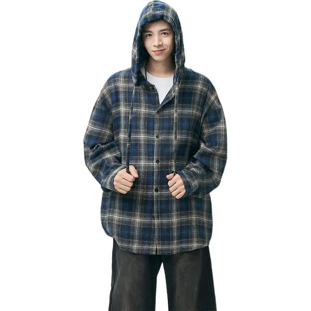 拓菲 美式复古撞色格纹连帽女男春秋款潮牌宽松慵懒百搭衬衣衬衫 男女同款