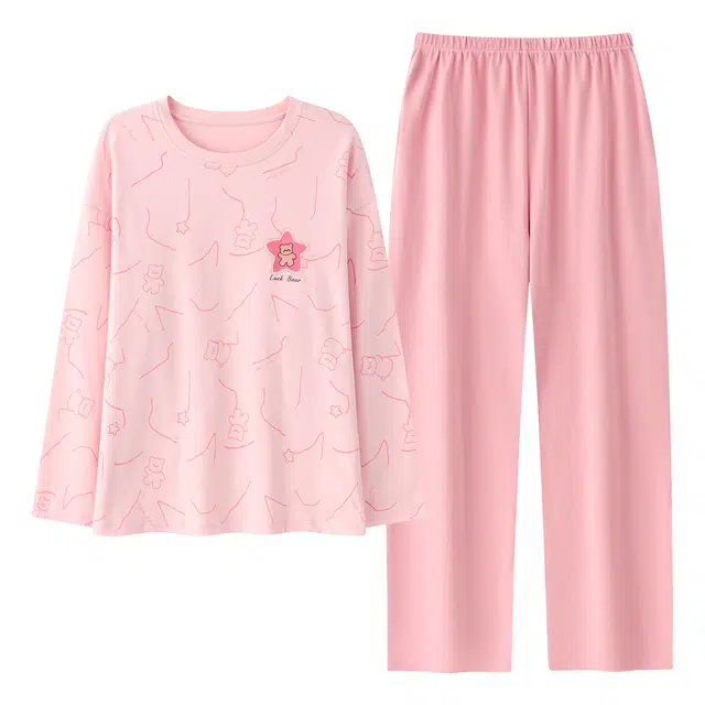 莫代尔 春秋季轻盈透气个性纯棉圆领套头舒适宽松带胸垫防凸点家居服可外穿睡衣套装 女款