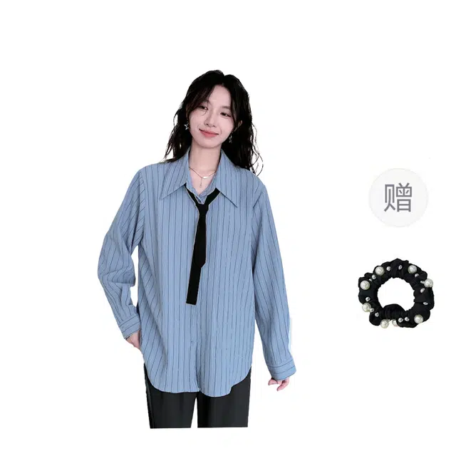 雾闪闪 条纹宽松适中翻领长袖衬衫 女款