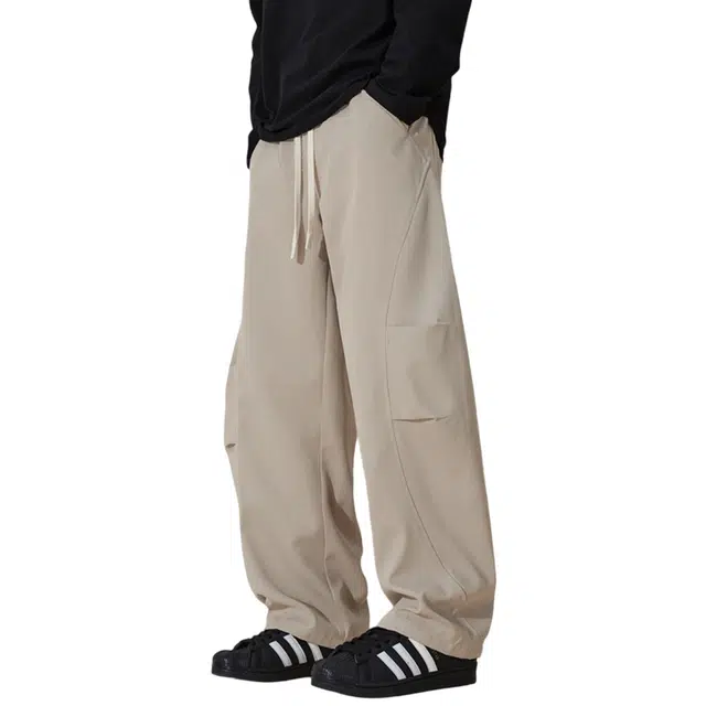 顶峰保罗 美式痞帅高街工装裤无性别主义阔腿弯刀运动户外直筒长裤弹力抽绳显高显瘦简约百搭宽松大码拖地纯色垂感休闲裤 男女同款