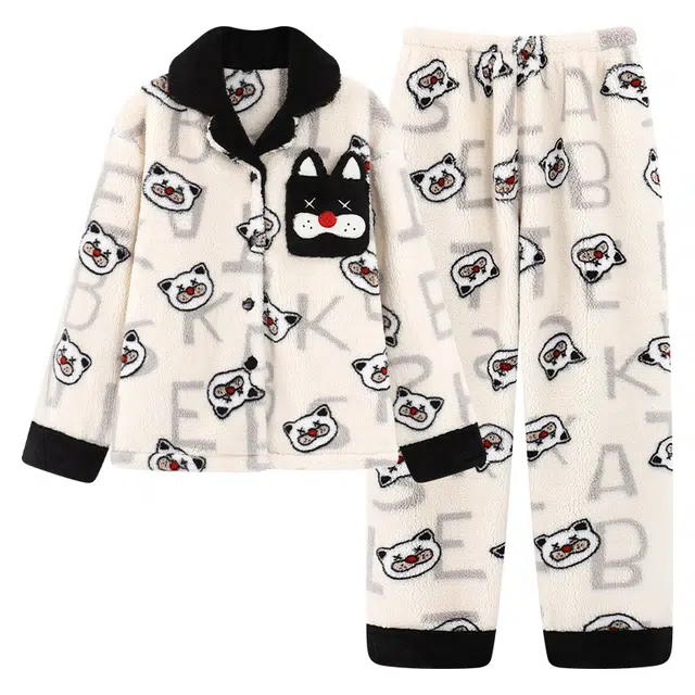 俏韵 翻领卡通冬季加绒保暖长袖长裤甜美印花可爱舒适家居服可外穿睡衣套装 男女同款