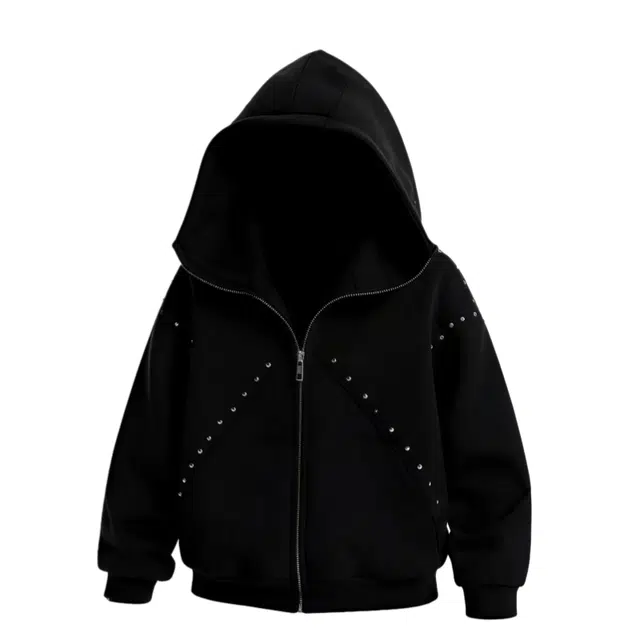 半空山 重磅纯色铆钉设计廓形外套美式高街潮牌嘻哈街头痞帅时尚百搭宽松休闲小众连帽开衫卫衣 男女同款