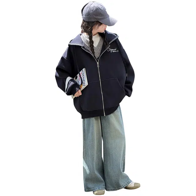 蓝彩何卫衣 女童春秋款韩版休闲连帽衣外套中大童时髦洋气儿童秋装棒球服潮