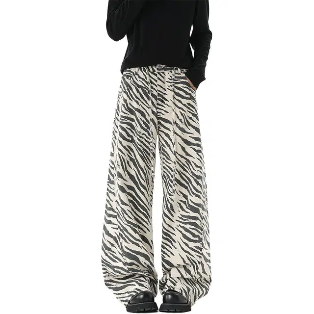 佐菲利 美式辣妹斑马纹直筒裤高腰显瘦拖地阔腿裤高个子裤子牛仔裤 男女同款
