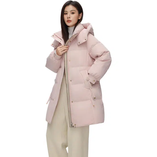 鸭鸭 纯色基础款中长款时尚百搭连帽保暖休闲宽松外套羽绒服 女款