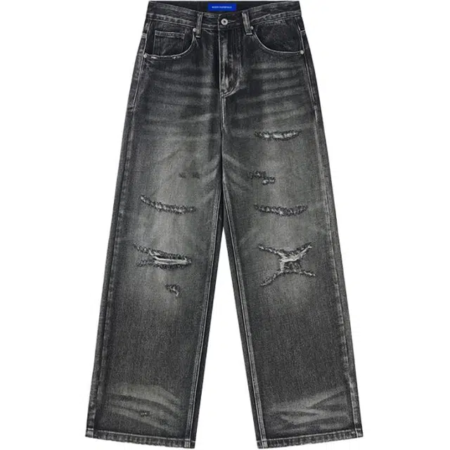 帝狼牛 美式高街水洗做旧拼接宽松休闲阔腿牛仔裤 男女同款