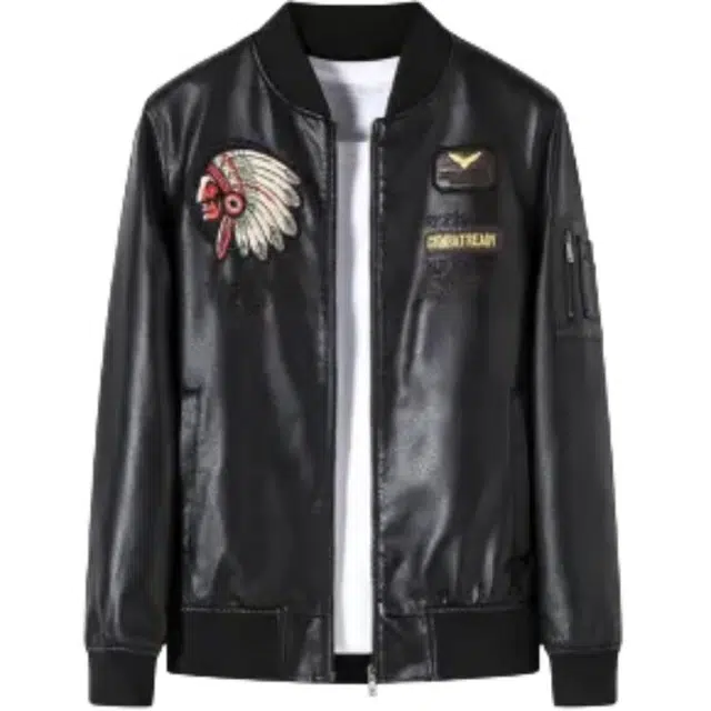 寻星记 秋冬印第安人刺绣棒球领机车夹克独特设计与结合展现个性与街头风格适合季节的酷感穿搭皮衣 男女同款