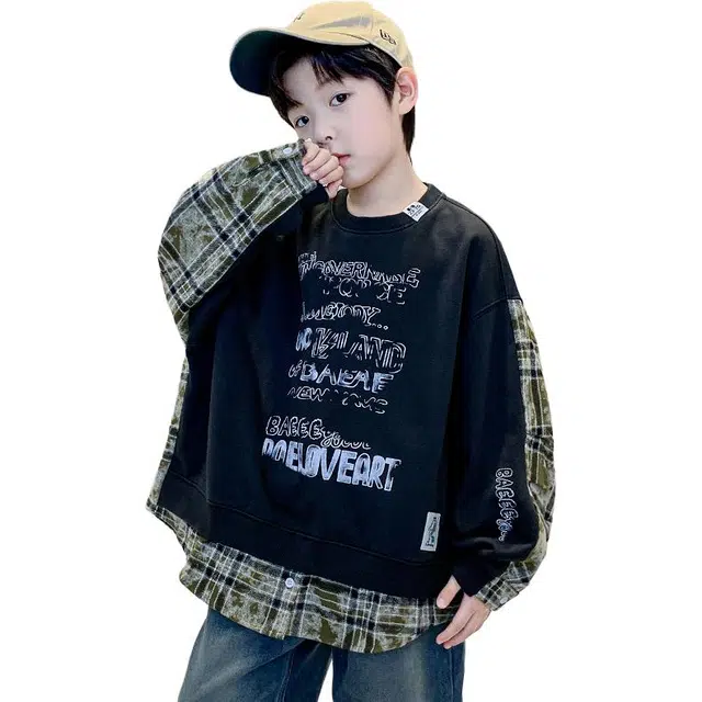 熊猫圆圆卫衣 时尚帅气前后拼接格子字母印花休闲潮流