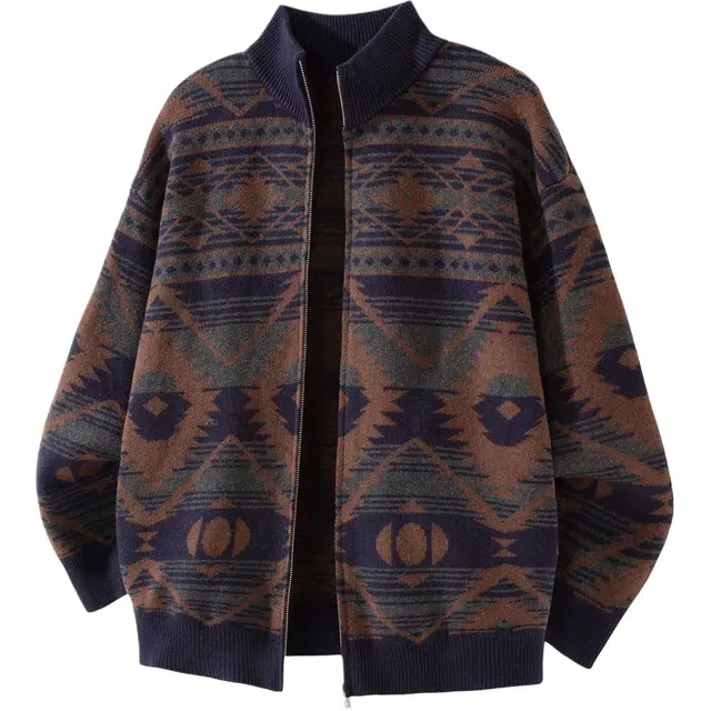 潮人榜 美式高街秋冬季提花拉链开衫外套立领潮牌宽松日系复古百搭针织衫 男女同款