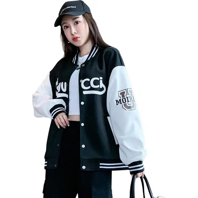 左岸 美式高街复古潮流字母印花拼接撞色青春少年校园宽松舒适落肩膀开衫上衣外套棒球服 女款