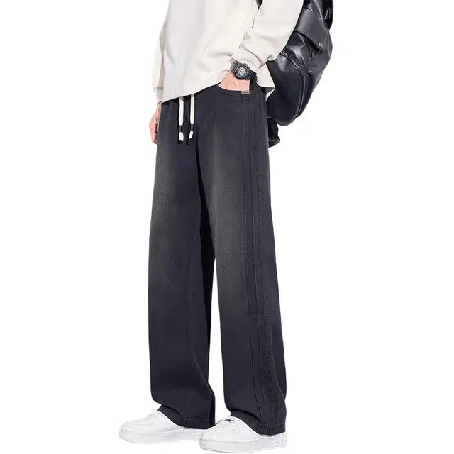 协协乐 高街风三条杠美式复古做旧水洗春秋季宽松直筒阔腿拖地裤青少年抽绳痞帅休闲长裤牛仔裤 男款