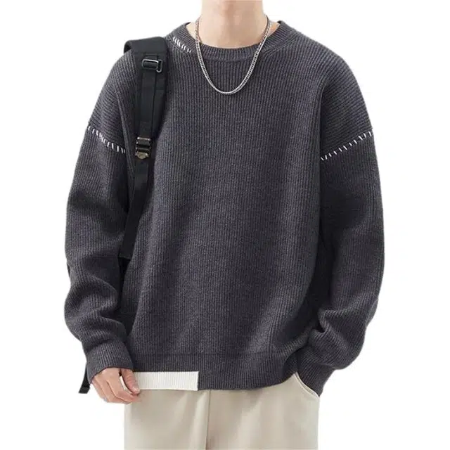 潮人榜 美式高街秋冬季小鹿提花设计感百搭潮牌重磅宽松圆领套头情侣款针织衫 男女同款