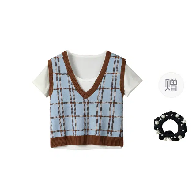 雾闪闪 清新气质马甲上衣舒适时尚短袖休闲套装 女款