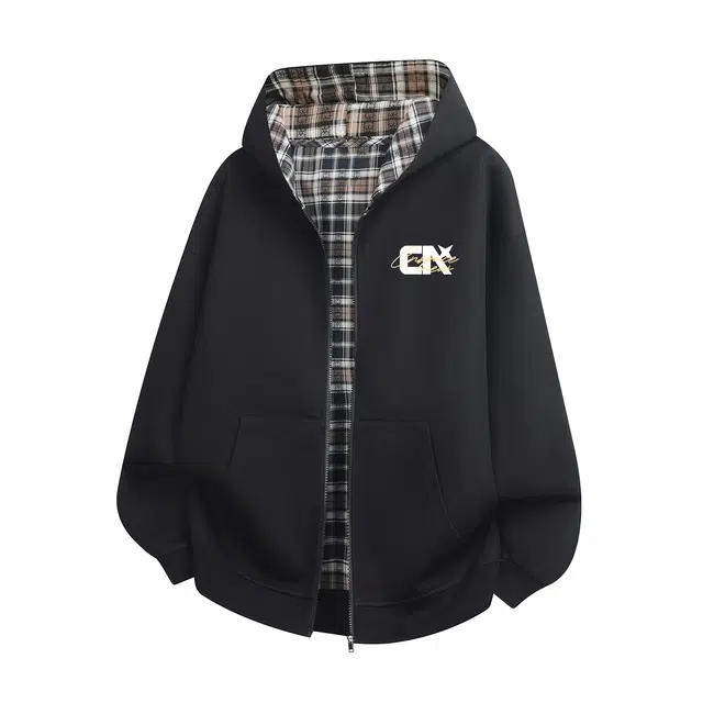 中国航天 美式复古经典格纹撞色拼接字母印花老钱风潮流简约百搭舒适亲肤透气日常通勤外套宽松休闲重磅针织拉链连帽开衫卫衣 男女同款