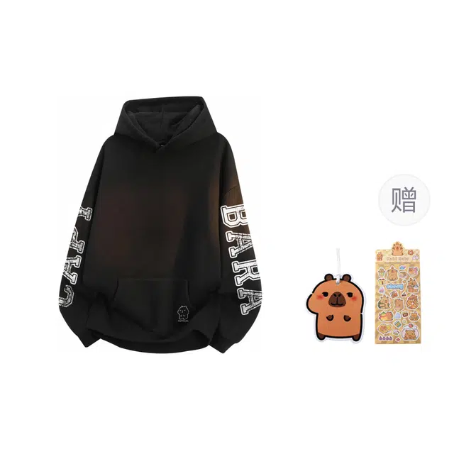 卡皮巴拉小黄豚 美式高街国潮复古慵懒学院风水洗大字母仿刺绣印花宽松落肩无性别情侣日常通勤连帽卫衣 男女同款