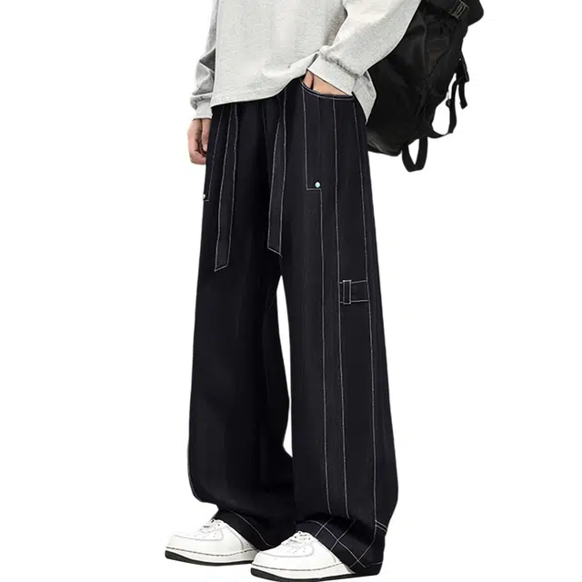 顶峰保罗 美式潮牌百搭明线拼接设计直筒裤无性别主义宽松加肥加大休闲垂顺阔腿长裤简约时尚显高显瘦高街拖地垂感牛仔裤 男女同款