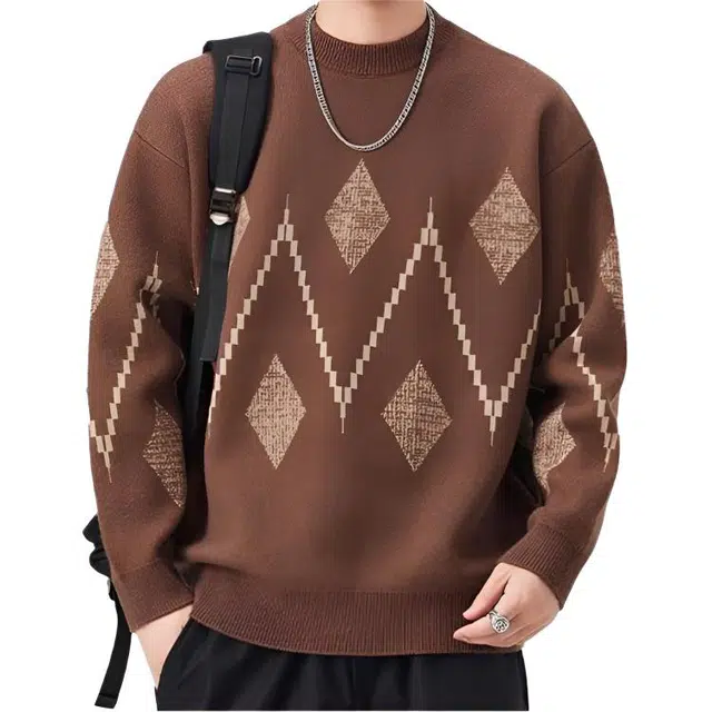 潮人榜 美式高街圆领提花设计感潮牌日系复古宽松套头落肩百搭休闲秋冬季针织衫 男女同款